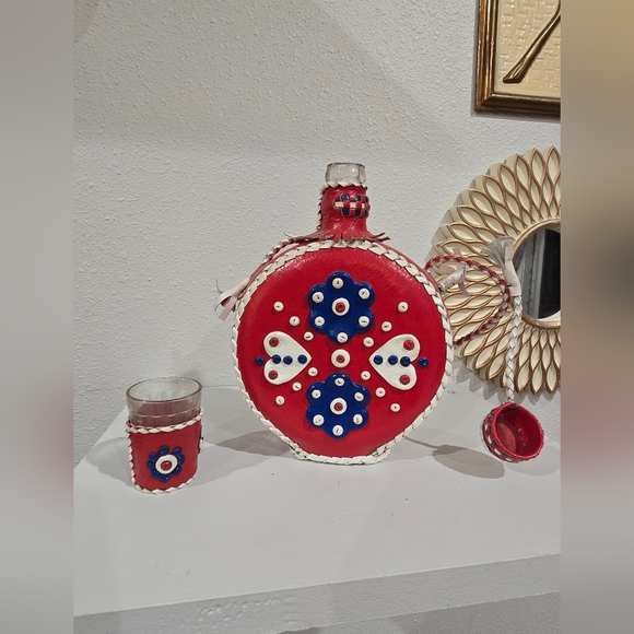Vintage Folk Art Leather-Wrapped Canteen & Shot Glass - Picture 1 of 6
